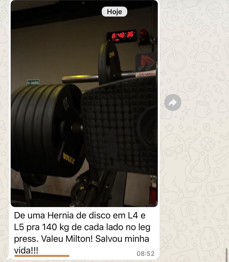 Print de depoimento: de uma hérnia de disco em L4 e L5 pra 140kg de cada lado no leg press